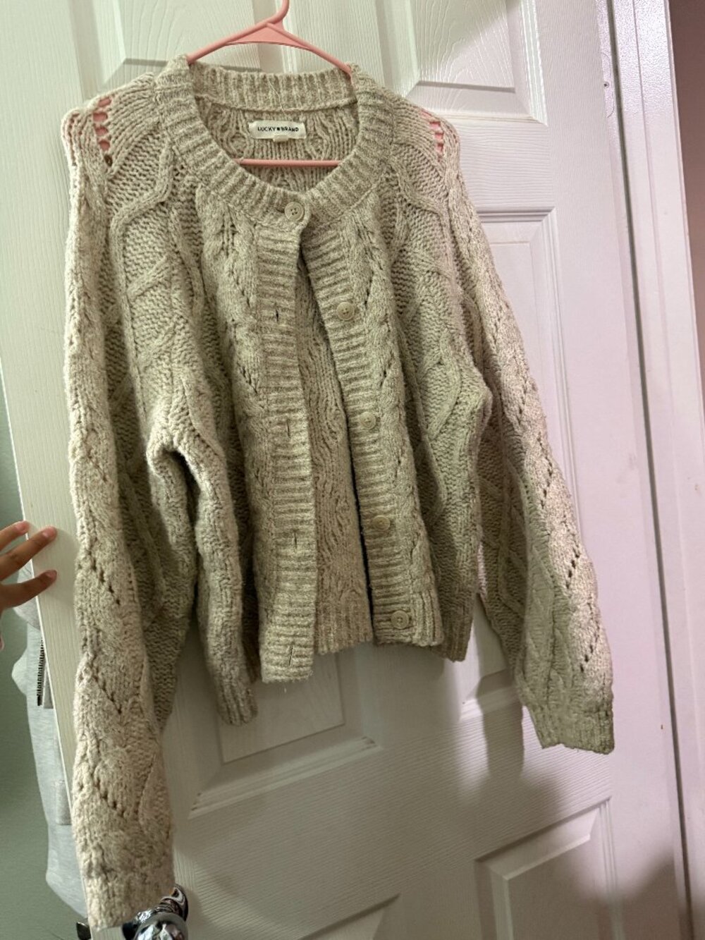 Lucky Brand Chunky Cable Knit Cardigan Sweater Beige Size Medium - Picture 1 of 3